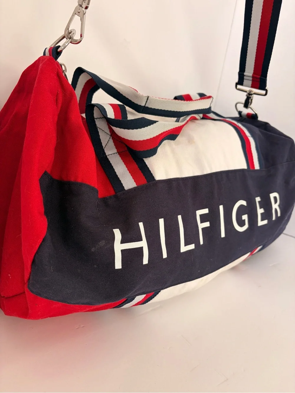Tommy Hilfiger Red, Navy & White Canvas Duffel with Striped Handles